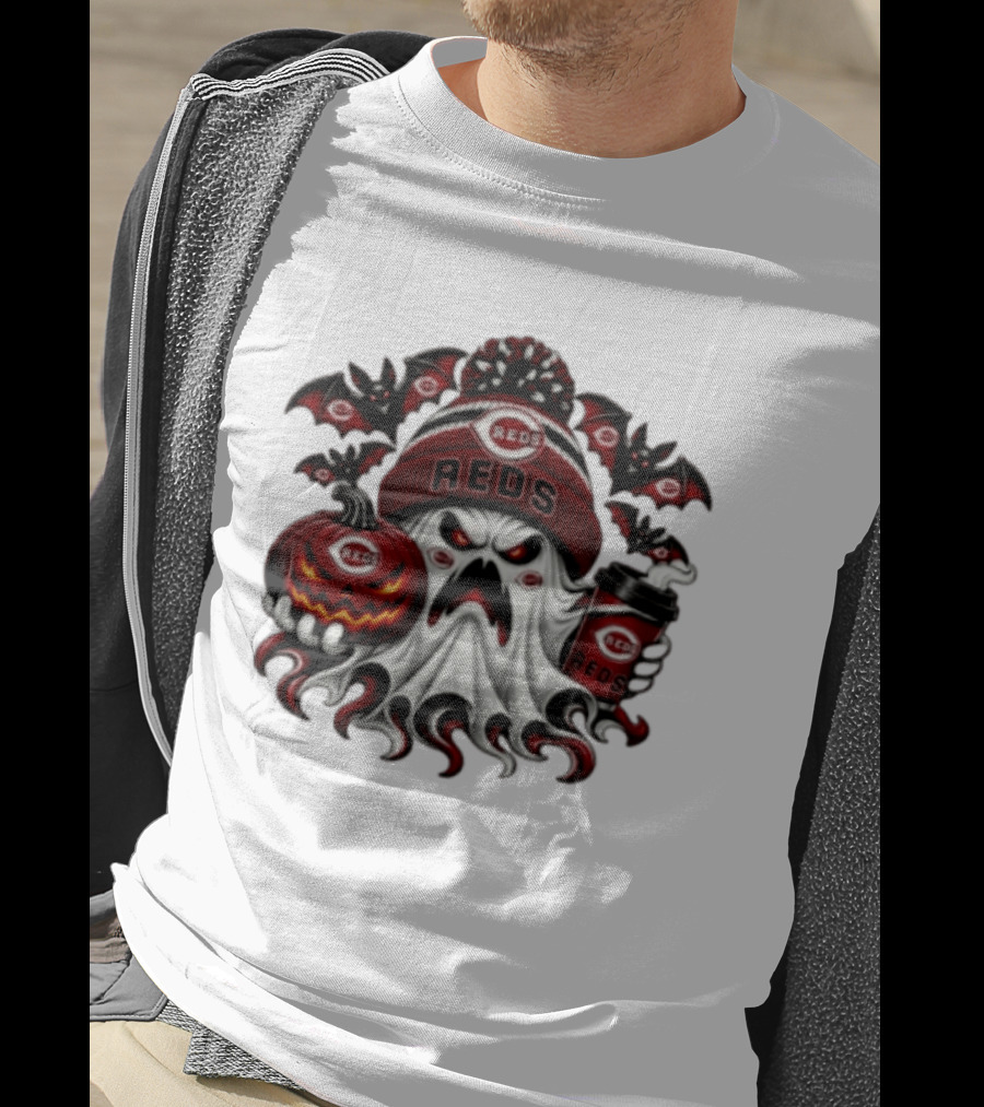 Ghost Pumpkin Cincinnati Reds Coffee Halloween Spooky 2026 Bats T-Shirt