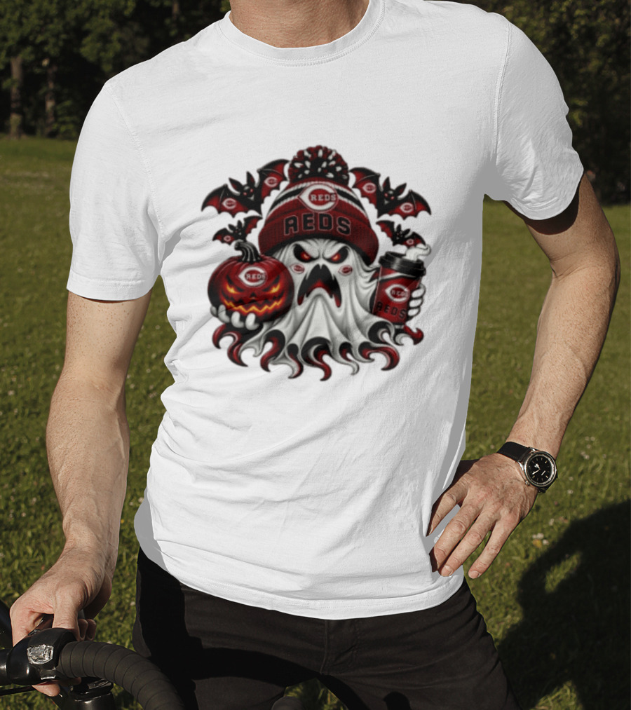 Ghost Pumpkin Cincinnati Reds Coffee Halloween Spooky 2026 Bats T-Shirt