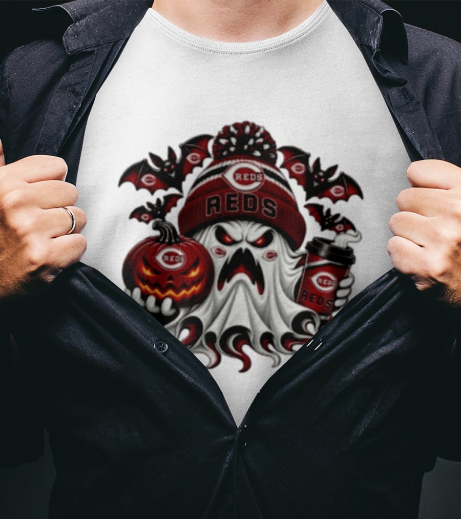 Ghost Pumpkin Cincinnati Reds Coffee Halloween Spooky 2026 Bats T-Shirt