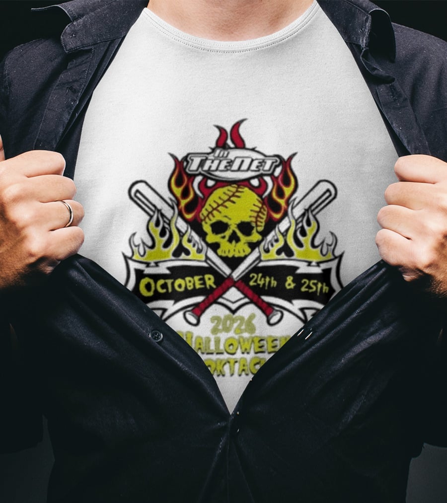 In The Net 2026 Halloween Spooktacular October 24th And 25th Skull Flames Crossed Bats T-Shirt