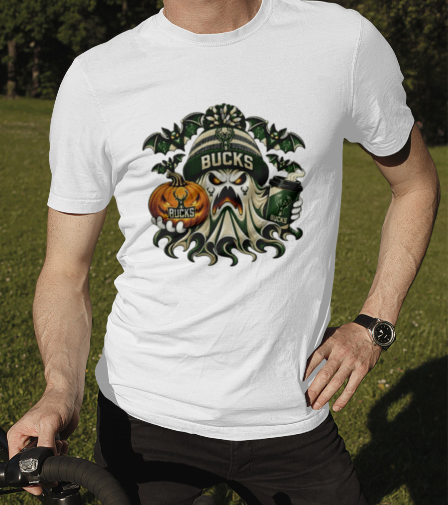 Milwaukee Bucks Spooky Ghost With Pumpkin And Coffee Halloween 2026 T-Shirt