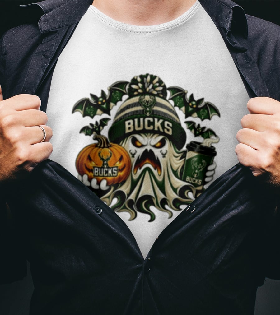 Milwaukee Bucks Spooky Ghost With Pumpkin And Coffee Halloween 2026 T-Shirt