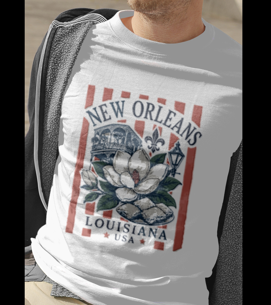 New Orleans Louisiana USA Magnolia Flower Streetcar Fleur De Lis T-Shirt