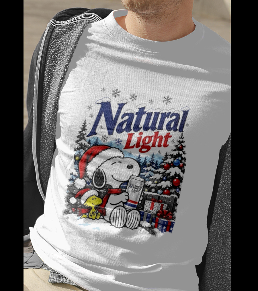 Snoopy Woodstock Santa Hat Natural Light Christmas Tree Presents T-Shirt
