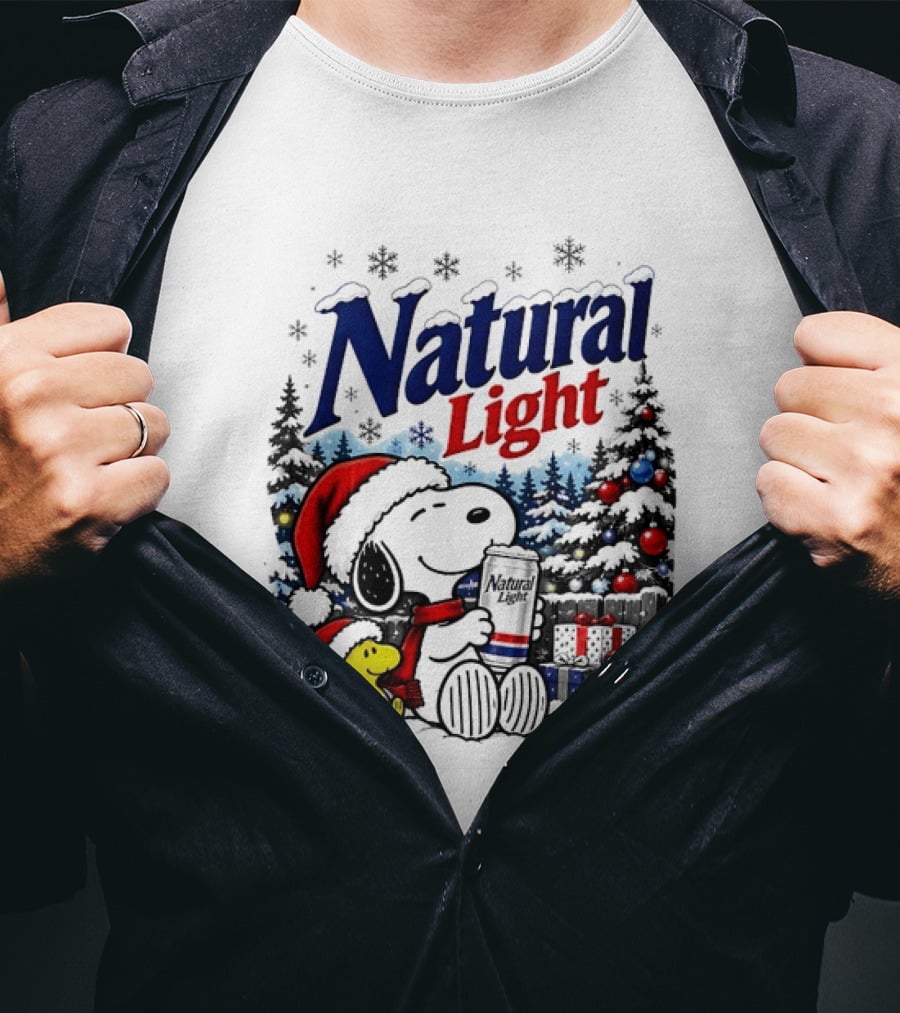 Snoopy Woodstock Santa Hat Natural Light Christmas Tree Presents T-Shirt