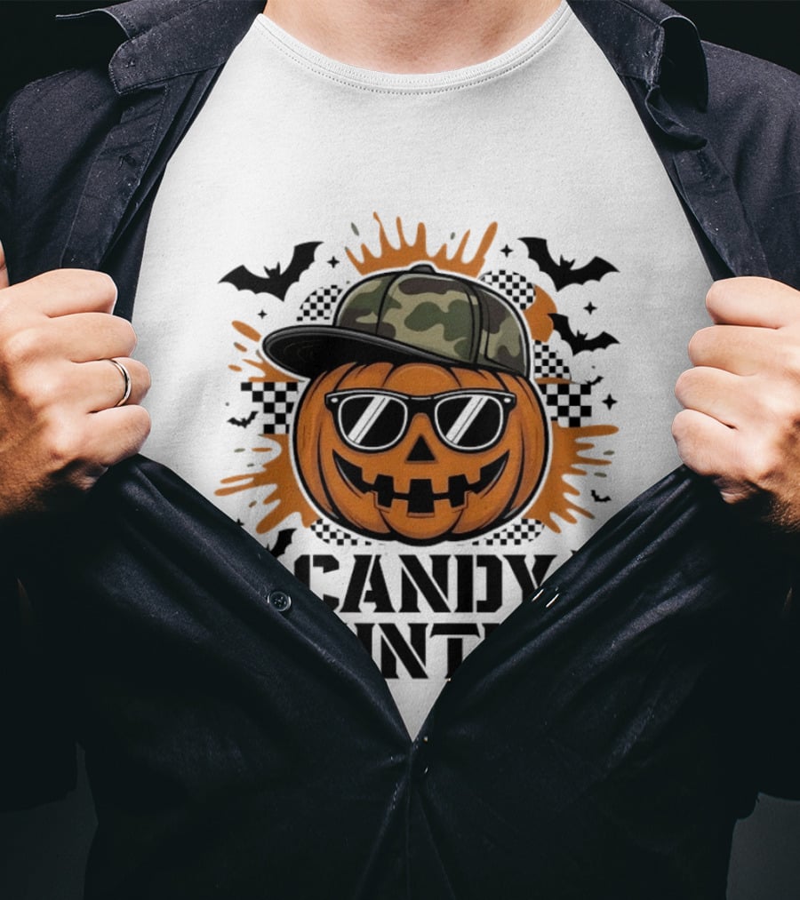 Candy Hunter Pumpkin Camo Hat Sunglasses Halloween Bats T-Shirt