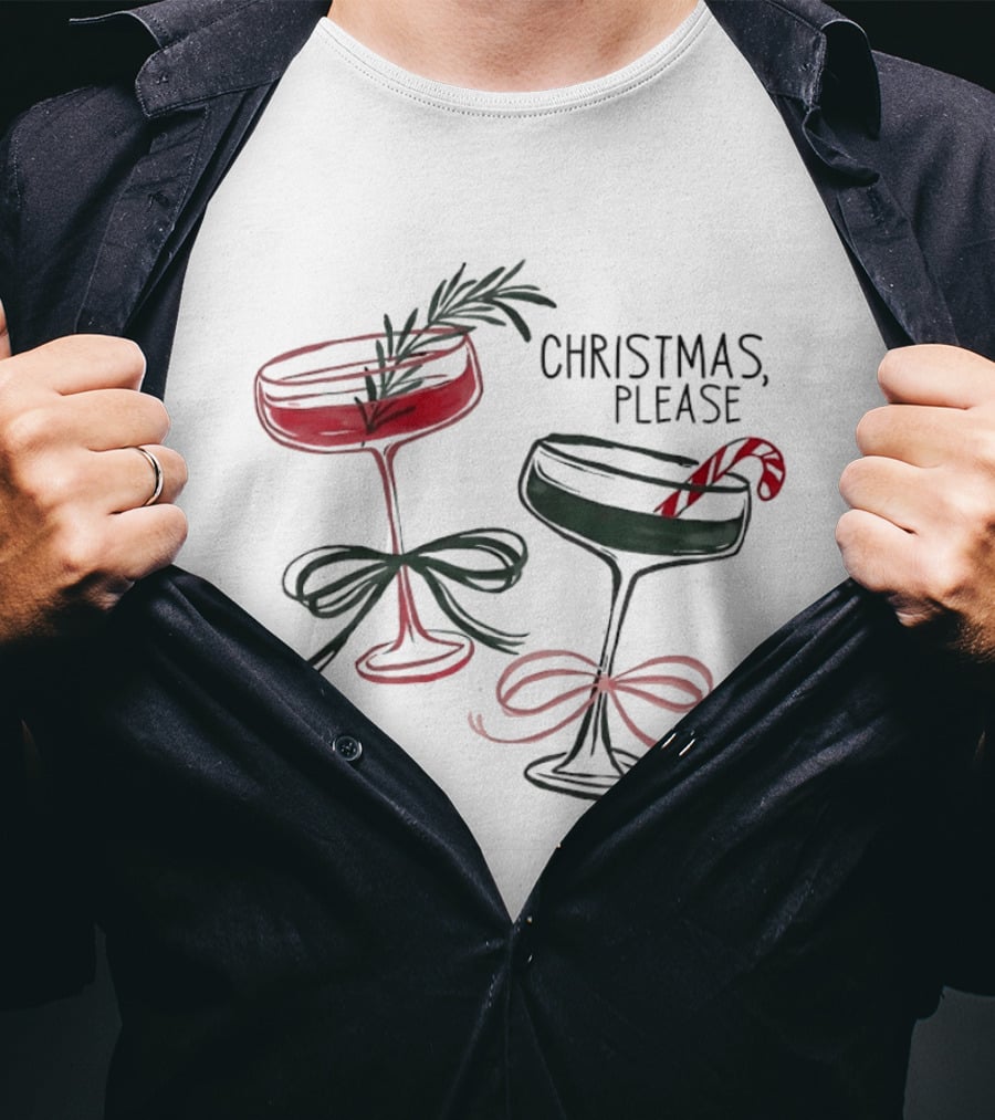 Christmas Please Holiday Cocktail Festive Glassware Bow And Candy Cane T-Shirt