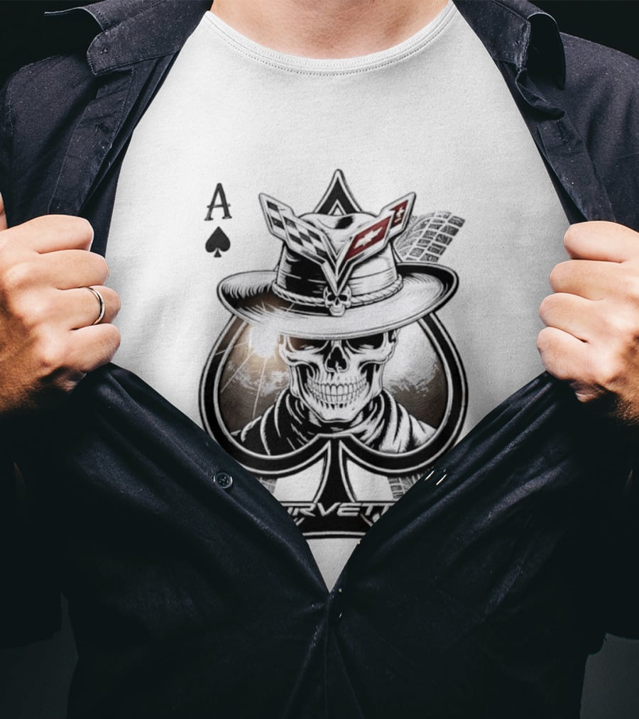 Corvette Ace Of Spades Skull Cowboy Chevrolet Hat Poker Cards T-Shirt