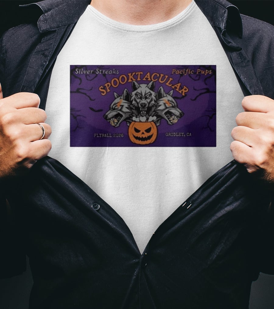 Silver Streaks Pacific Pups Spooktacular Flyball 2026 Gridley CA Halloween Three Headed Wolf Pumpkin T-Shirt