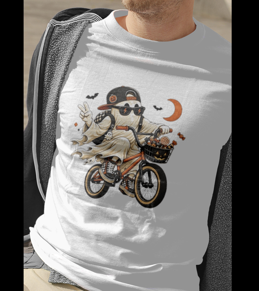 Ghost On Bike With Halloween Candy And Peace Sign Moon And Bats T-Shirt