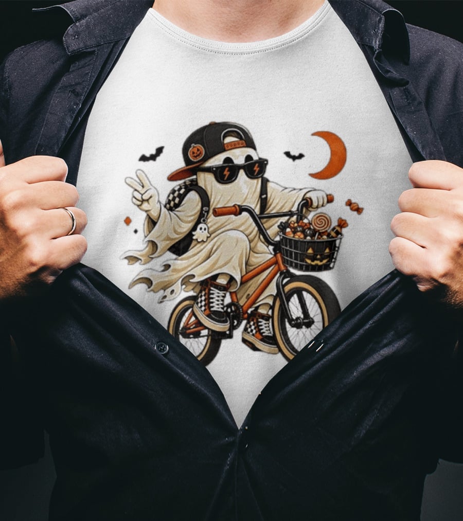 Ghost On Bike With Halloween Candy And Peace Sign Moon And Bats T-Shirt