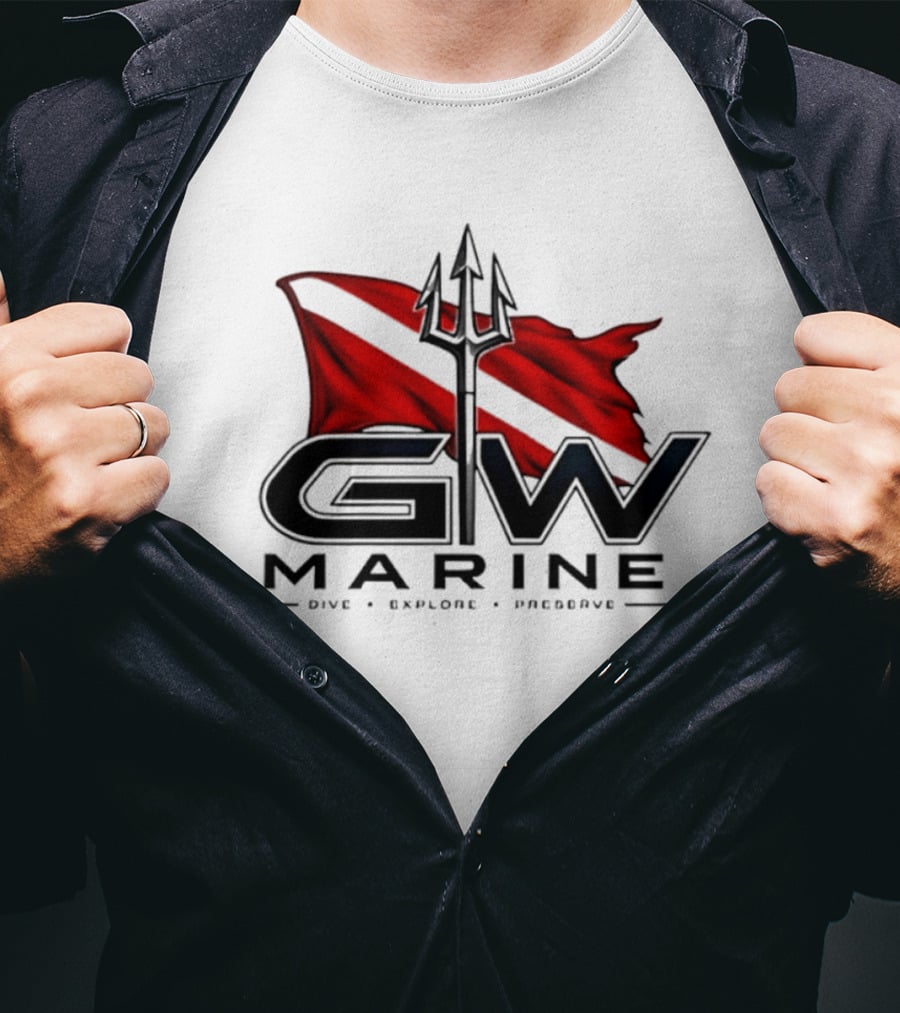 GW Marine Dive Explore Preserve Scuba Diving Trident Red Dive Flag T-Shirt