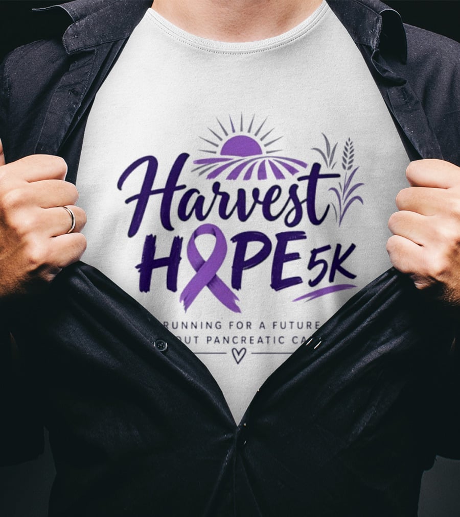 Harvest Hope 5K Running For A Future Without Pancreatic Cancer Purple Ribbon Sun Field T-Shirt