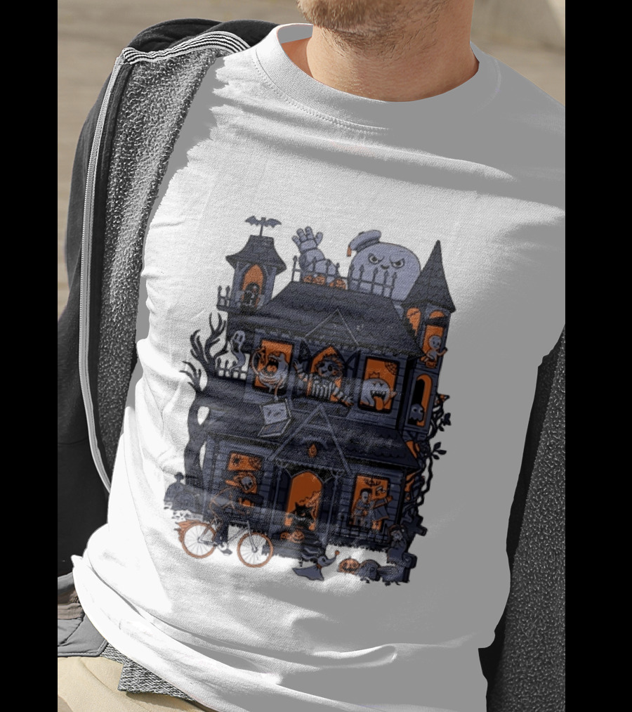 Haunted House With Stay Puft Marshmallow Man Horror Characters T-Shirt