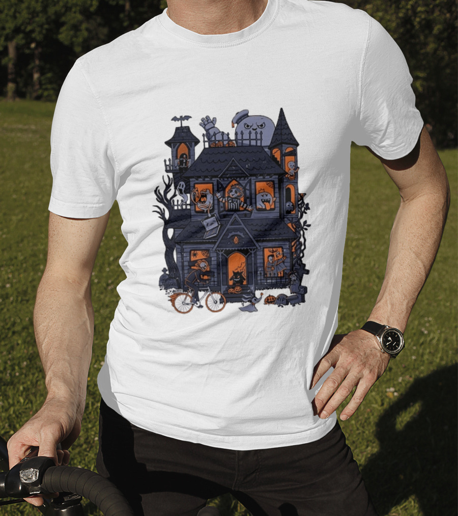 Haunted House With Stay Puft Marshmallow Man Horror Characters T-Shirt