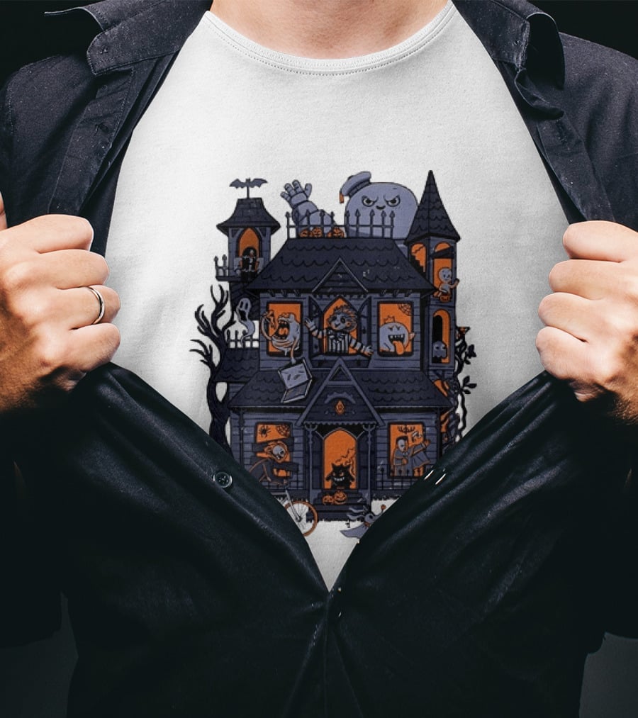 Haunted House With Stay Puft Marshmallow Man Horror Characters T-Shirt