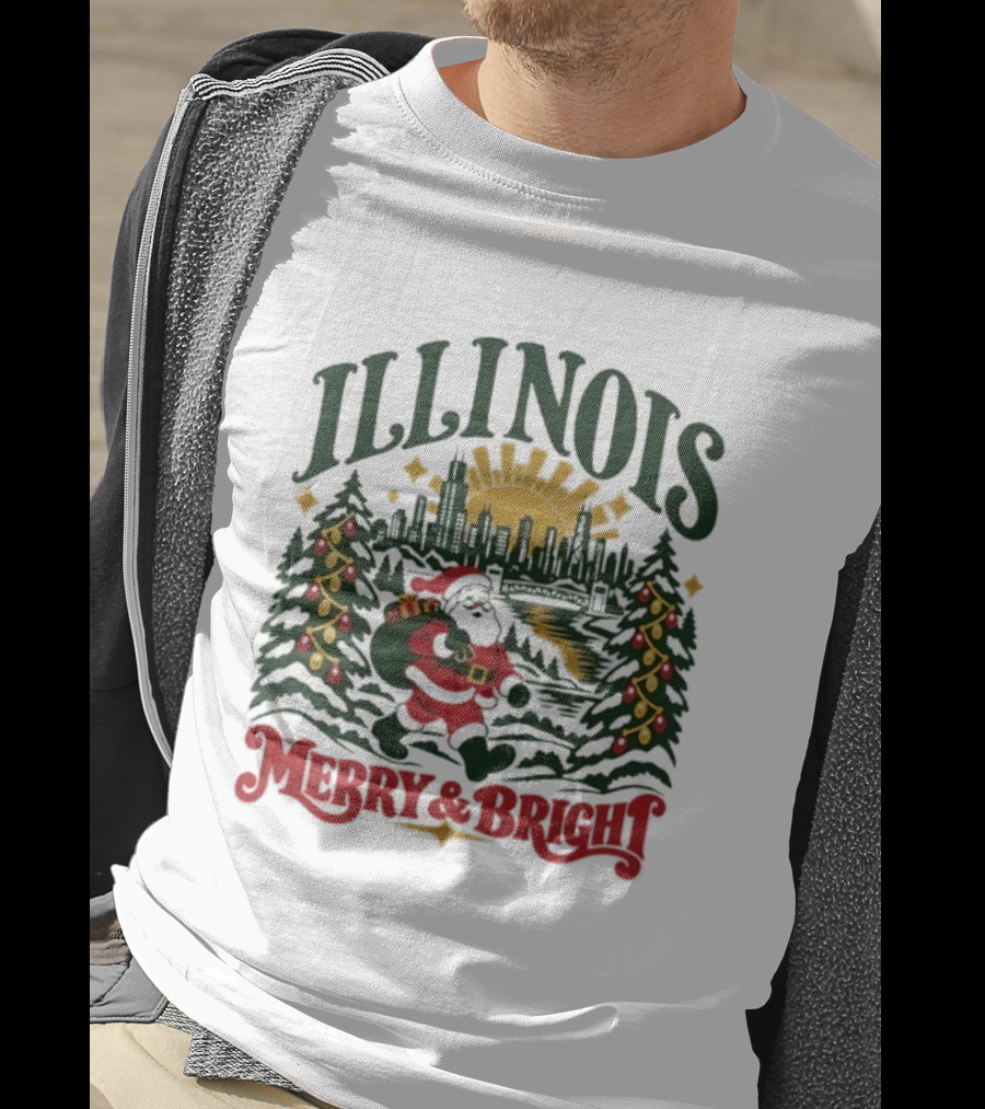 Illinois Merry And Bright Christmas Santa Skyline Forest 2026 T-Shirt