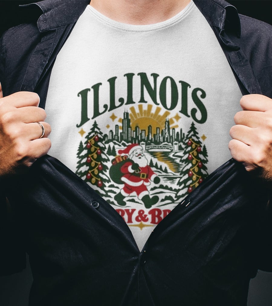 Illinois Merry And Bright Christmas Santa Skyline Forest 2026 T-Shirt