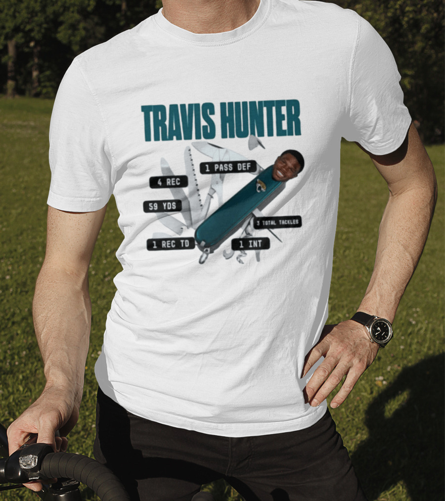 Travis Hunter Swiss Army Knife 4 REC 59 YDS 1 REC TD Jacksonville Jaguars T-Shirt