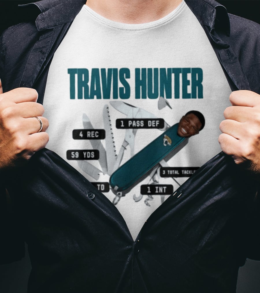 Travis Hunter Swiss Army Knife 4 REC 59 YDS 1 REC TD Jacksonville Jaguars T-Shirt