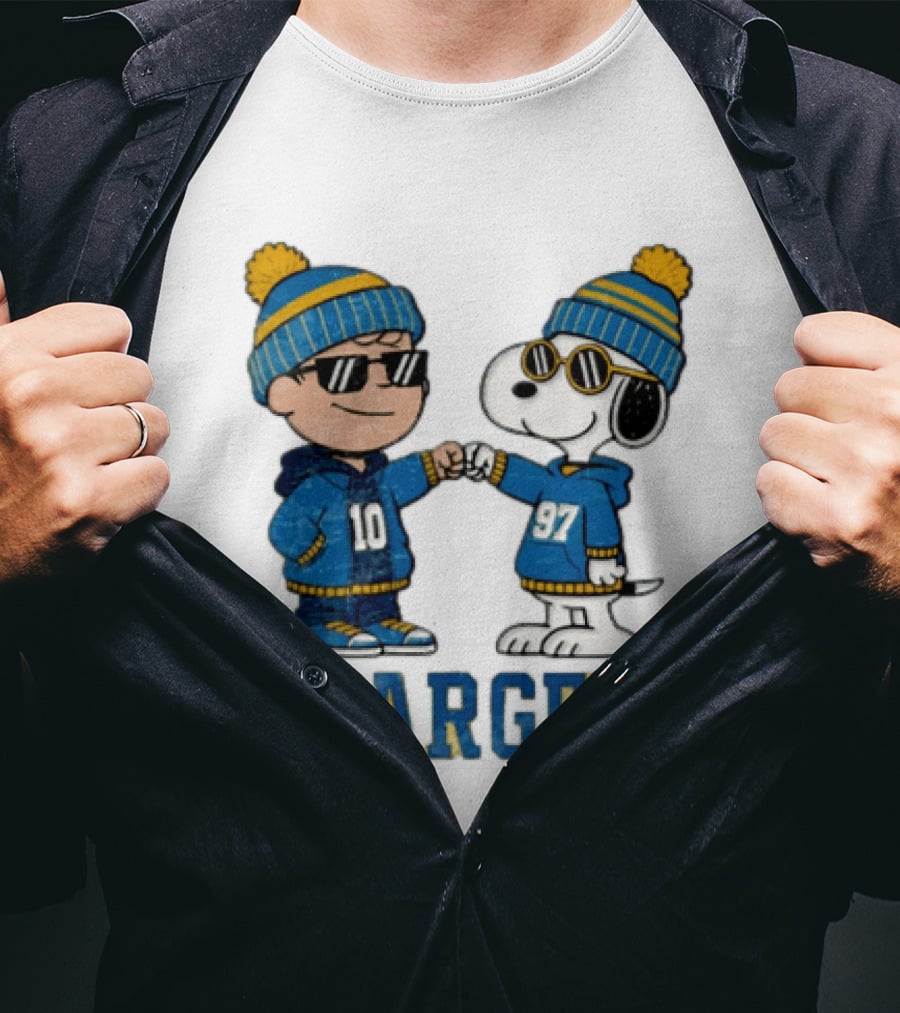 Los Angeles Chargers Charlie Brown Snoopy Fist Bump Blue Beanie Pom Pom T-Shirt
