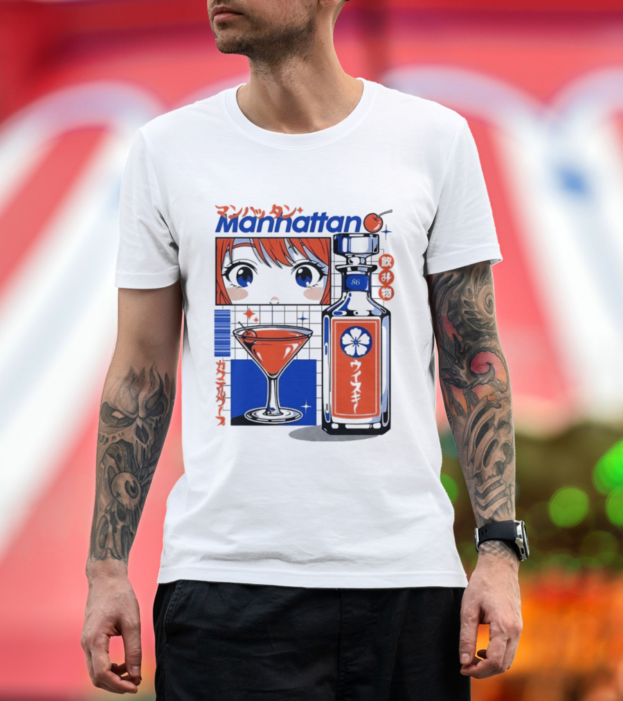 Manhattan Anime Style Whiskey Bottle With Cocktail And Cherry T-Shirt