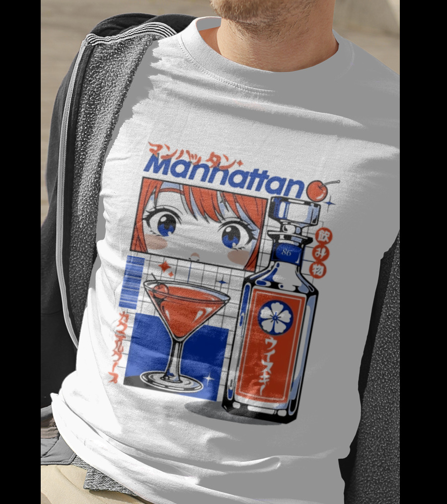 Manhattan Anime Style Whiskey Bottle With Cocktail And Cherry T-Shirt