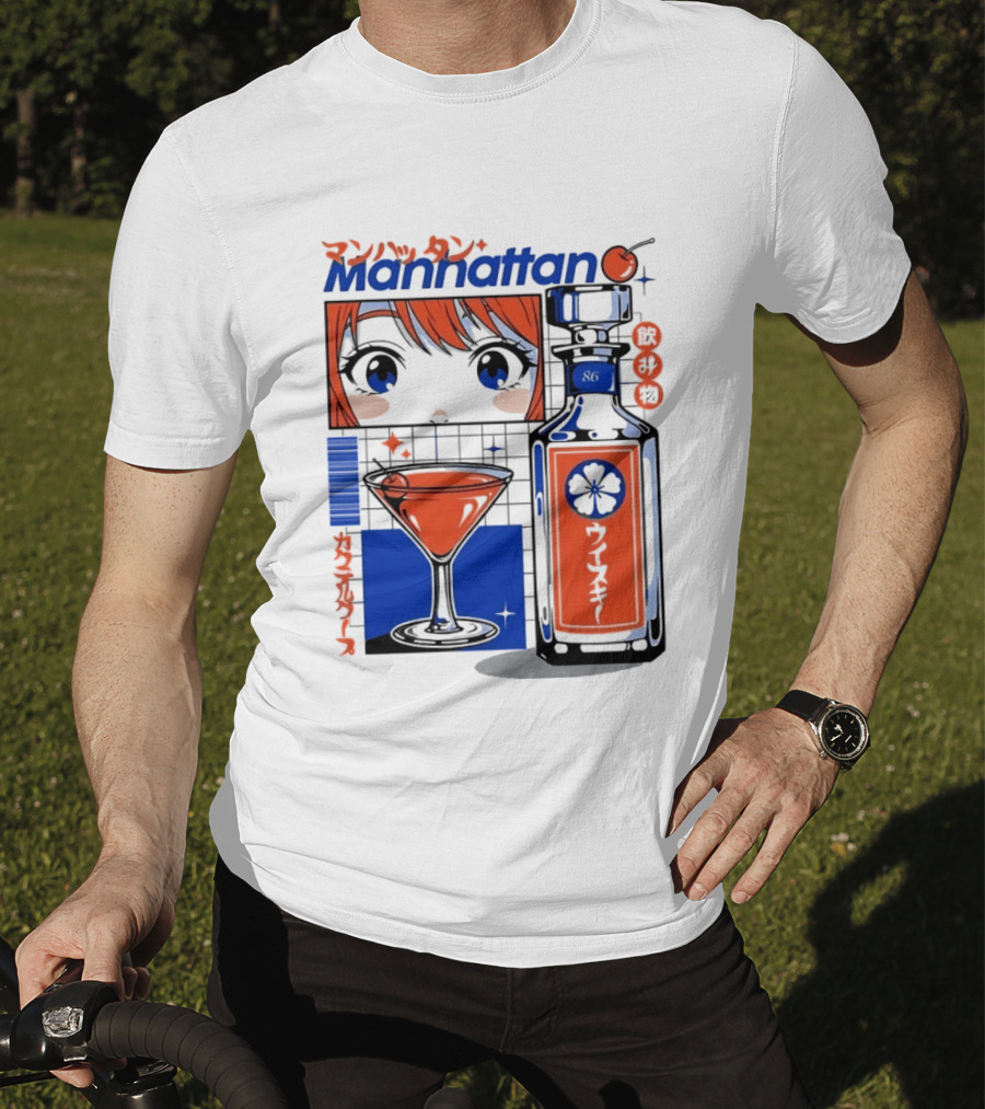 Manhattan Anime Style Whiskey Bottle With Cocktail And Cherry T-Shirt