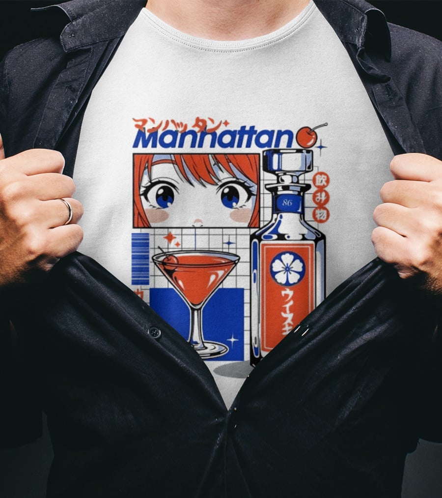 Manhattan Anime Style Whiskey Bottle With Cocktail And Cherry T-Shirt