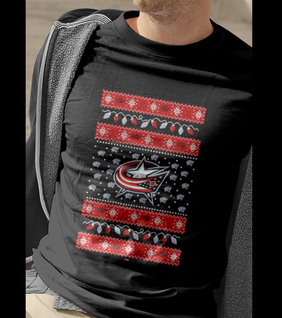 Columbus Blue Jackets Holiday Knit Red Green Snowflakes Hockey Winter T-Shirt