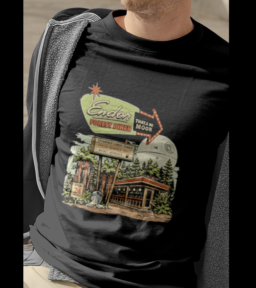 Endor Forest Diner Breakfast Lunch Dinner Moon Star Wars 24 Hours R2 D2 T-Shirt