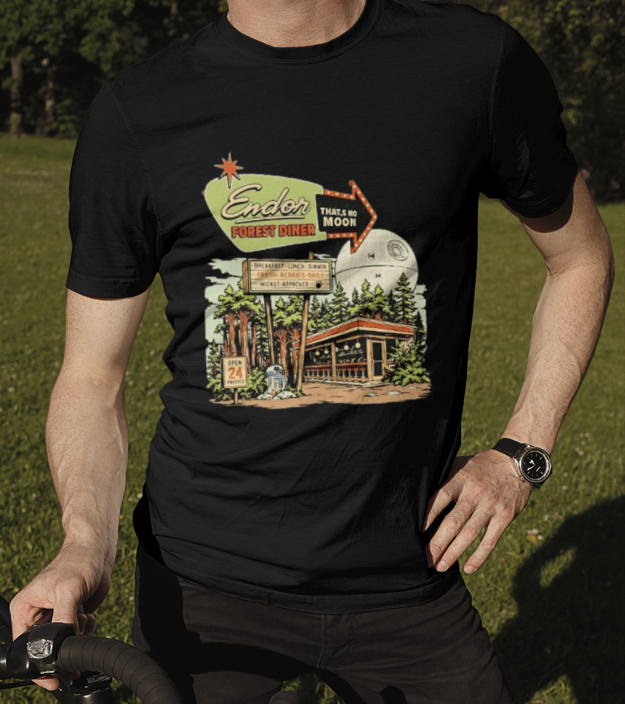 Endor Forest Diner Breakfast Lunch Dinner Moon Star Wars 24 Hours R2 D2 T-Shirt