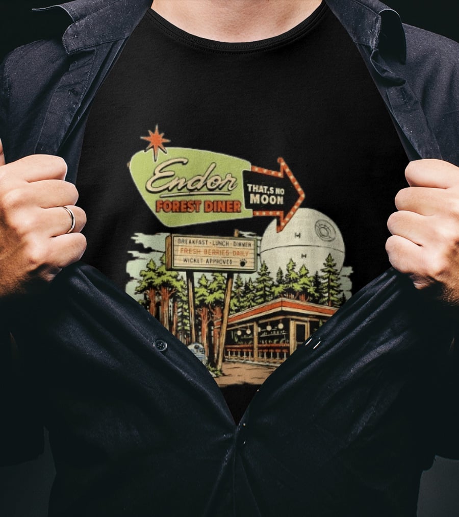 Endor Forest Diner Breakfast Lunch Dinner Moon Star Wars 24 Hours R2 D2 T-Shirt