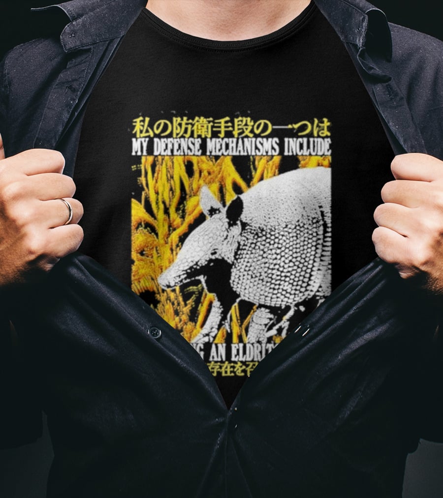 My Defense Mechanisms Include Summoning An Eldritch Being Japanese Text Immersed In Fiery Abstract T-Shirt