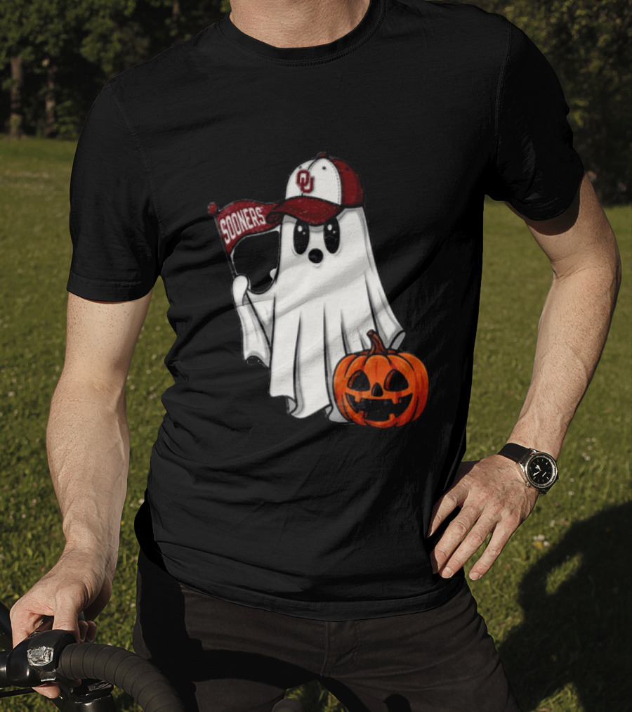 Oklahoma Sooners Ghost With Pumpkin Halloween Fan Gear T-Shirt