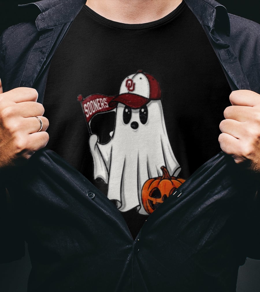 Oklahoma Sooners Ghost With Pumpkin Halloween Fan Gear T-Shirt