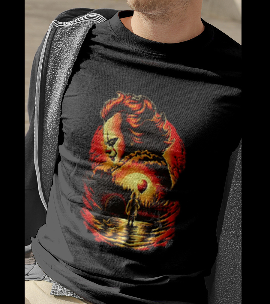 Pennywise IT Clown Face With Red Balloon And Sunset Scene T-Shirt