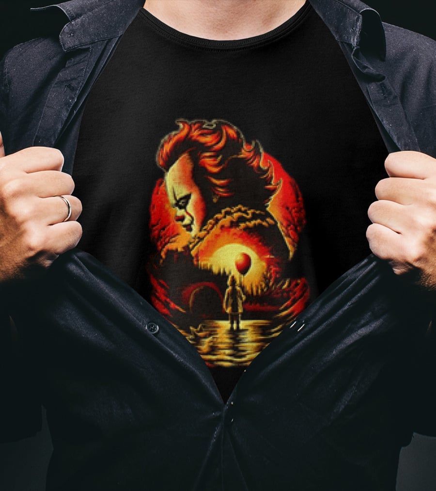 Pennywise IT Clown Face With Red Balloon And Sunset Scene T-Shirt