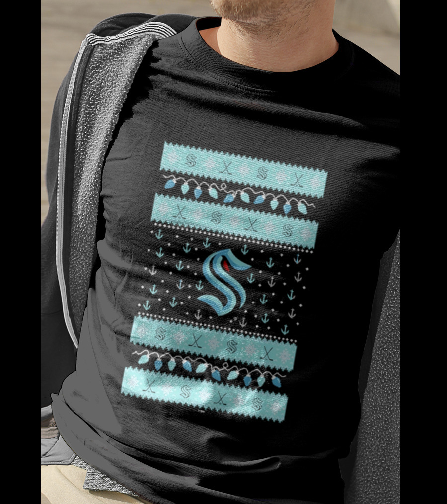 Seattle Kraken NHL Holiday Knit Sweater Lights Snowflakes T-Shirt