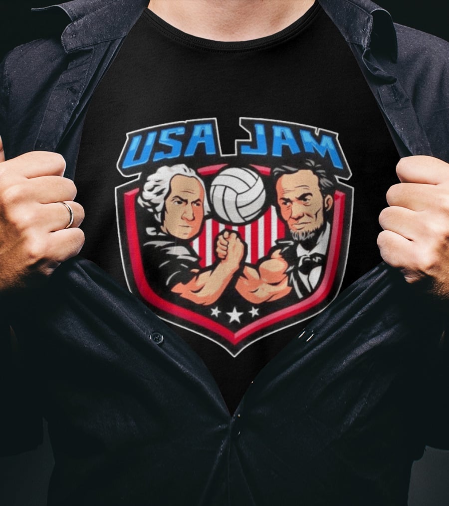 USA Jam Volleyball Arm Wrestling George Washington Abraham Lincoln T-Shirt