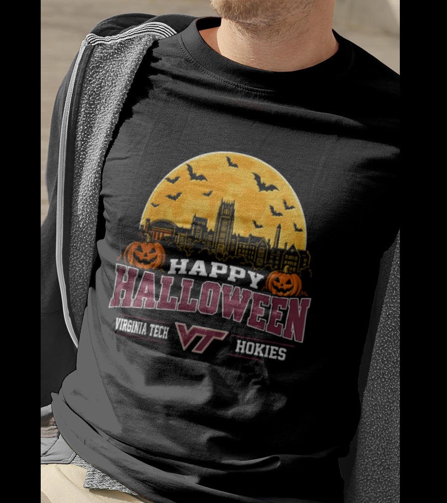 Virginia Tech Hokies Happy Halloween VT Skyline Pumpkins Bats Moon 2026 T-Shirt