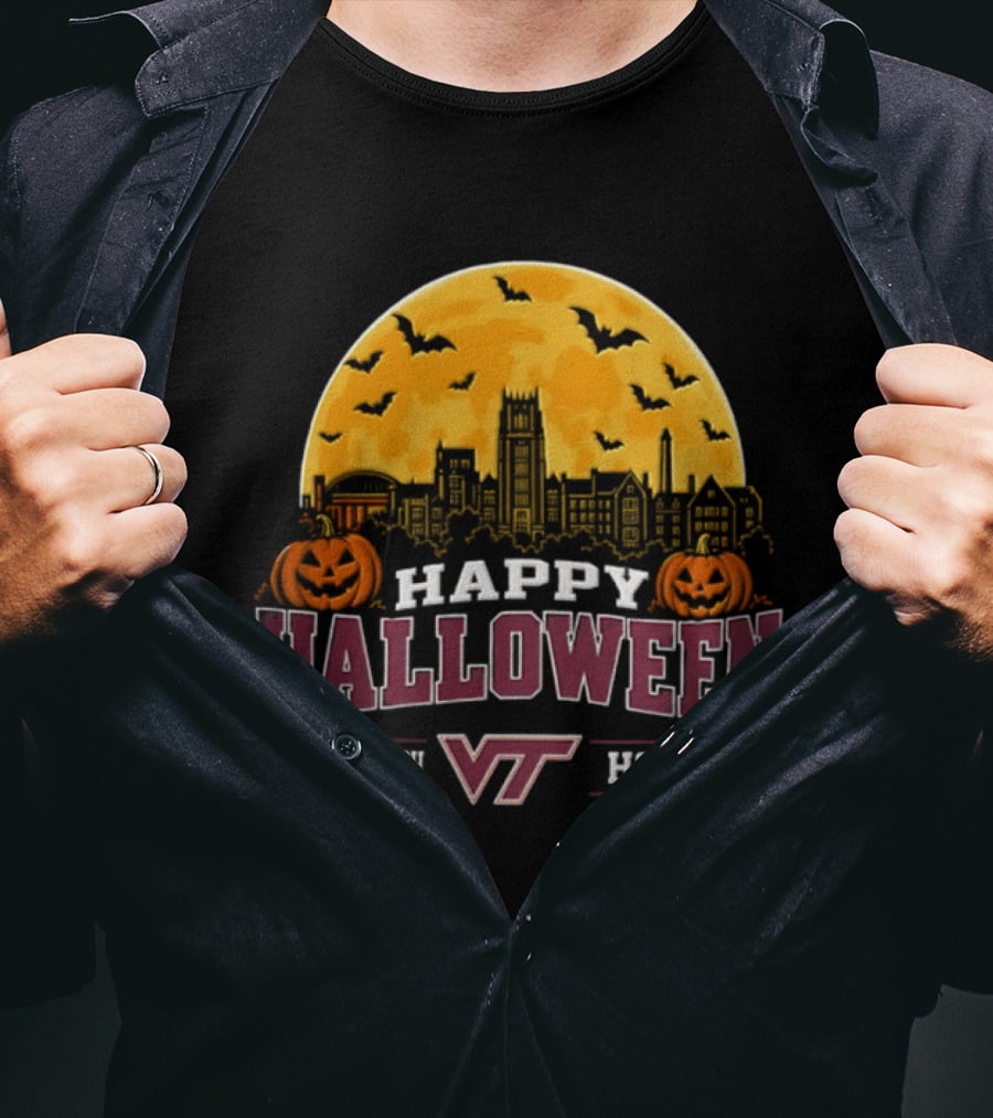 Virginia Tech Hokies Happy Halloween VT Skyline Pumpkins Bats Moon 2026 T-Shirt