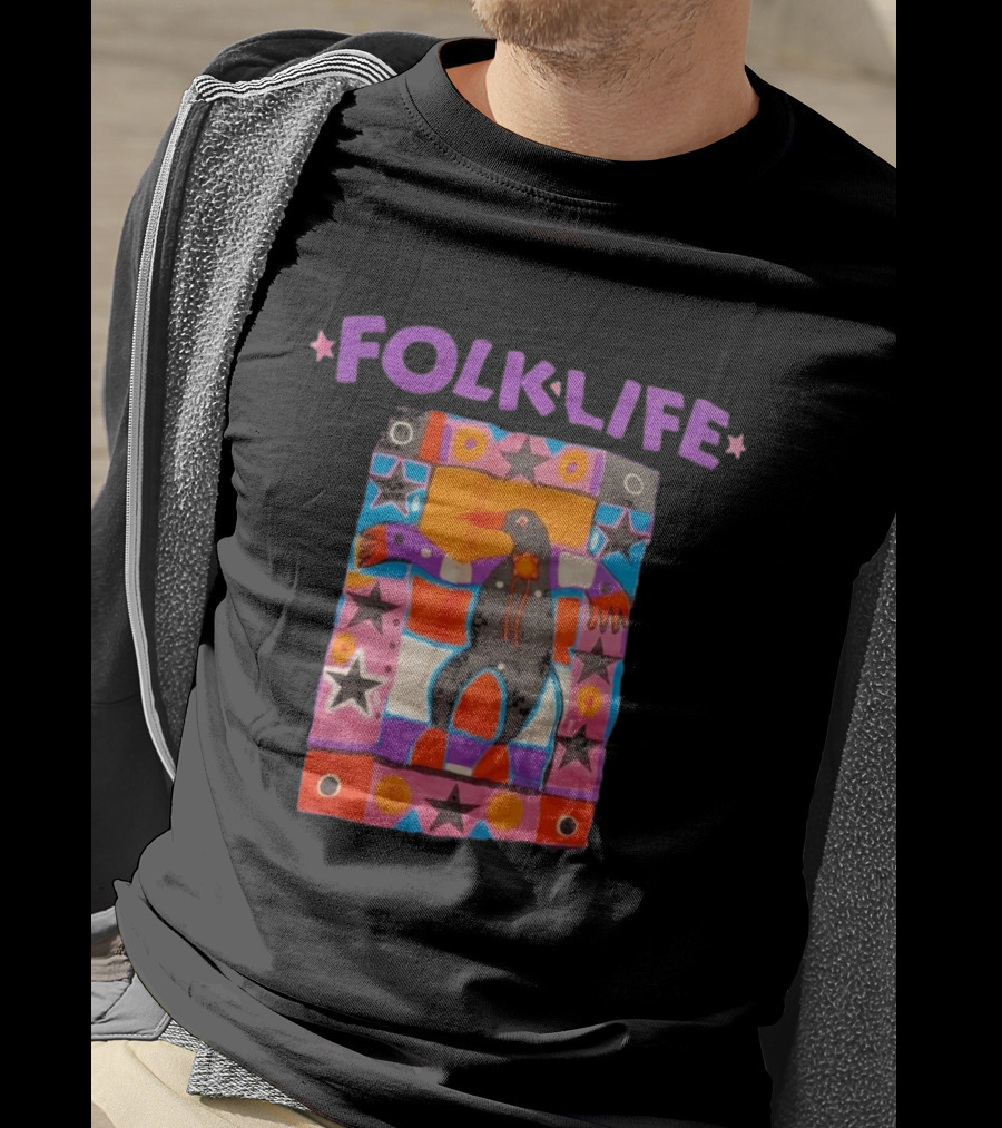 1992 Northwest Folklife Festival Black Seattle USA 90s Colorful Folk Art Bird Stars T-Shirt