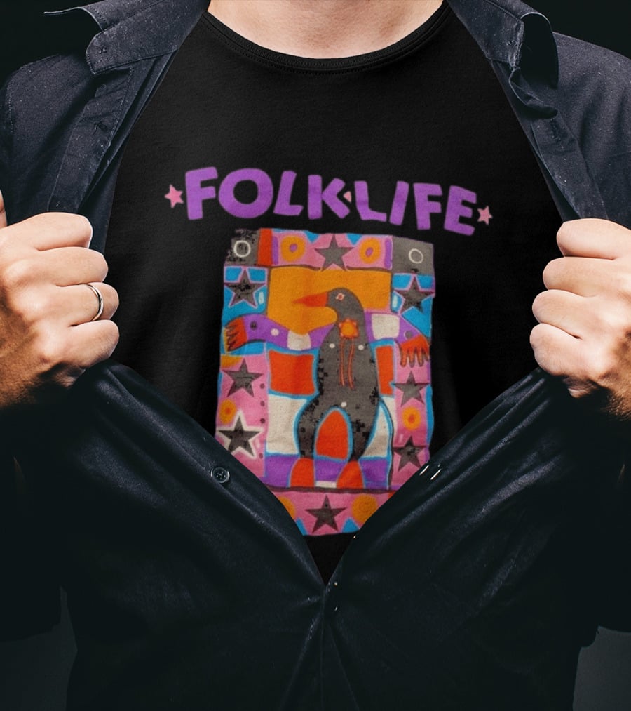 1992 Northwest Folklife Festival Black Seattle USA 90s Colorful Folk Art Bird Stars T-Shirt