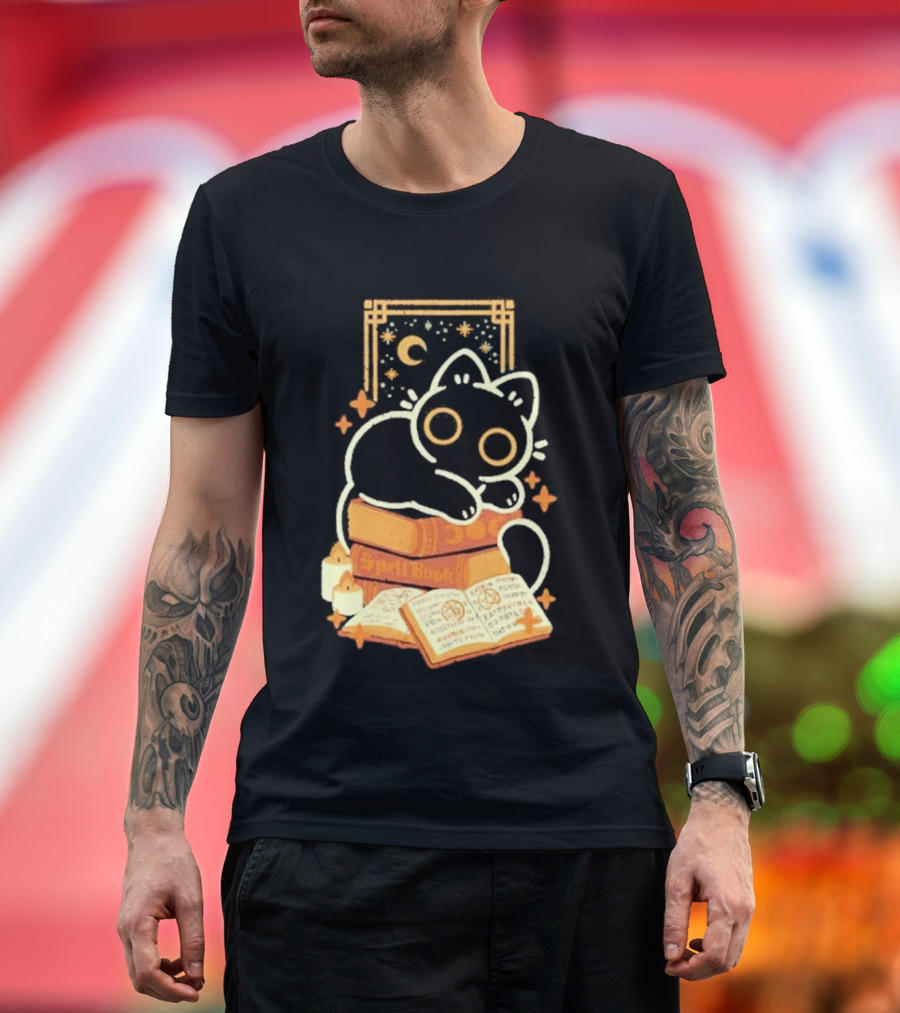 Black Cat Spell Book Candles Moon Stars Mystical Scene T-Shirt