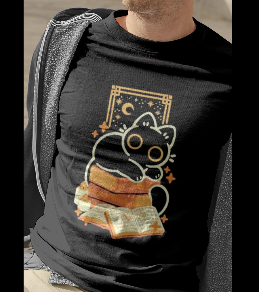 Black Cat Spell Book Candles Moon Stars Mystical Scene T-Shirt