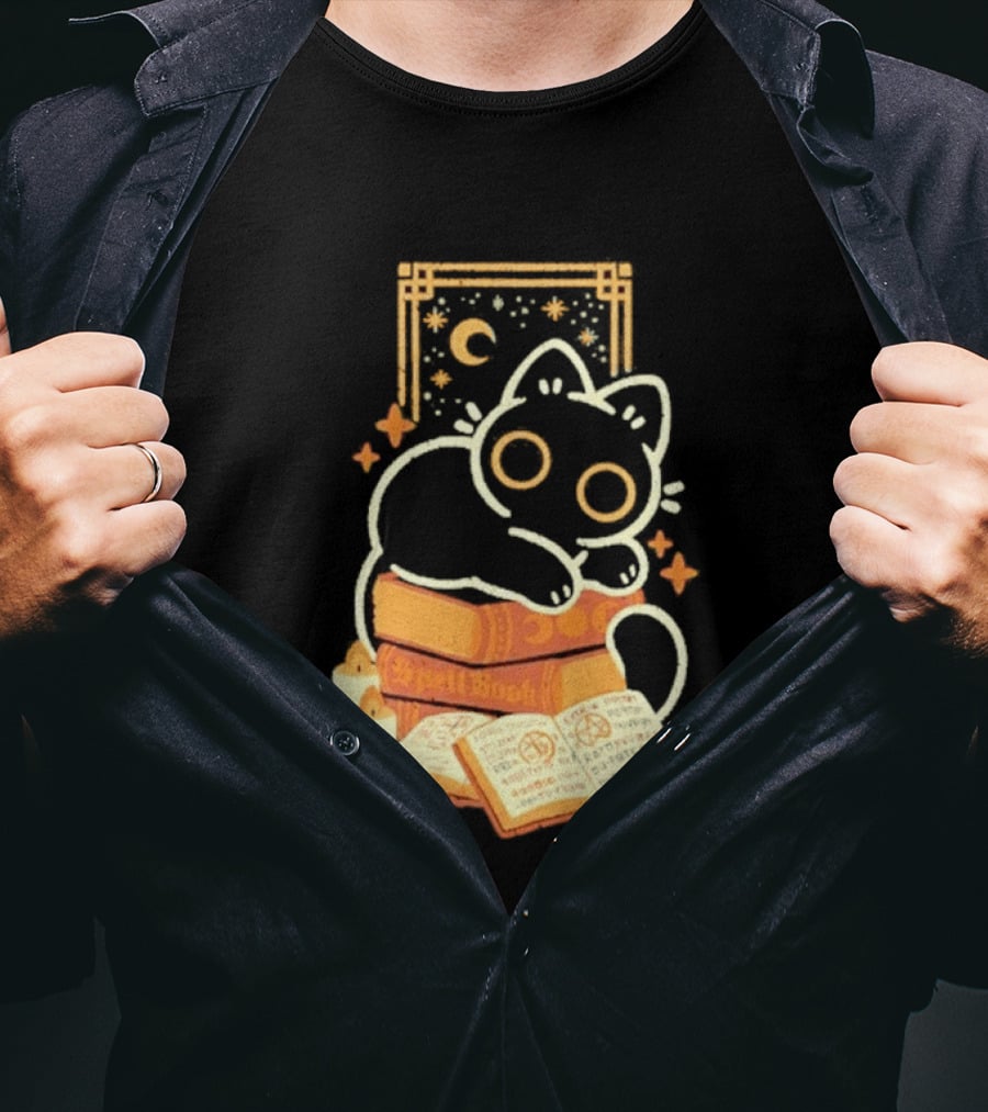 Black Cat Spell Book Candles Moon Stars Mystical Scene T-Shirt