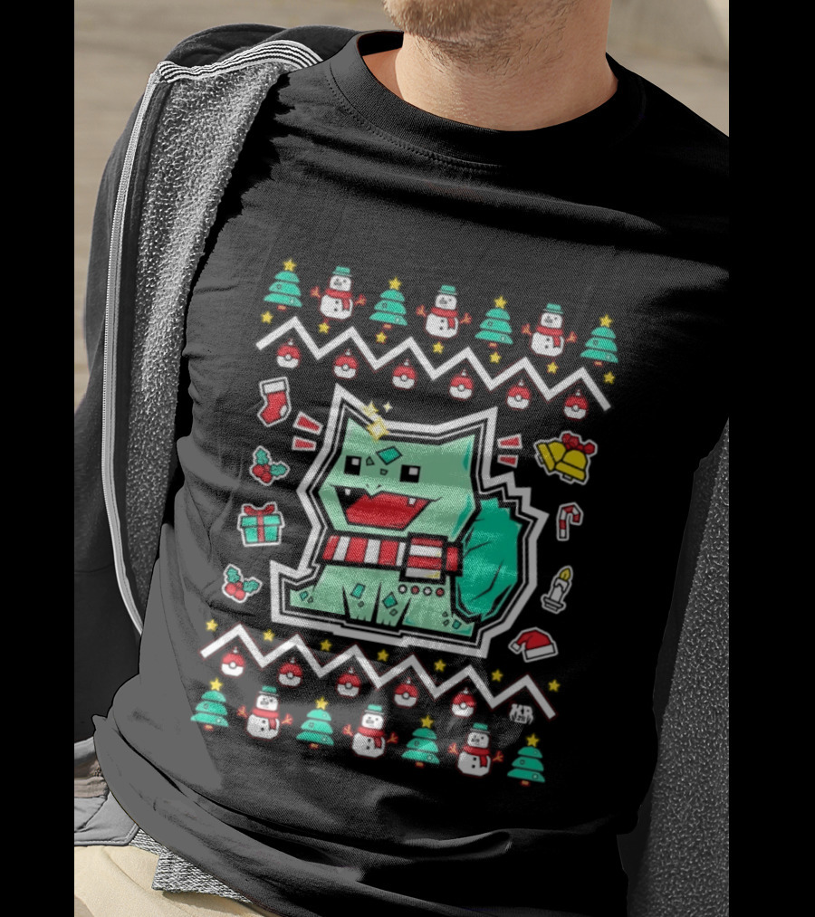 Bulbasaur Christmas Holiday Ugly Sweater Pattern With Snowmen And Presents T-Shirt