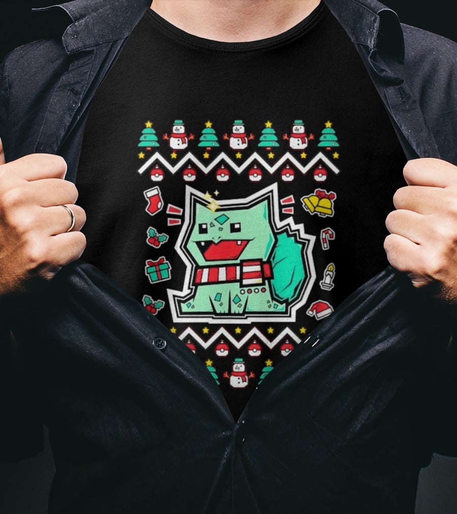 Bulbasaur Christmas Holiday Ugly Sweater Pattern With Snowmen And Presents T-Shirt
