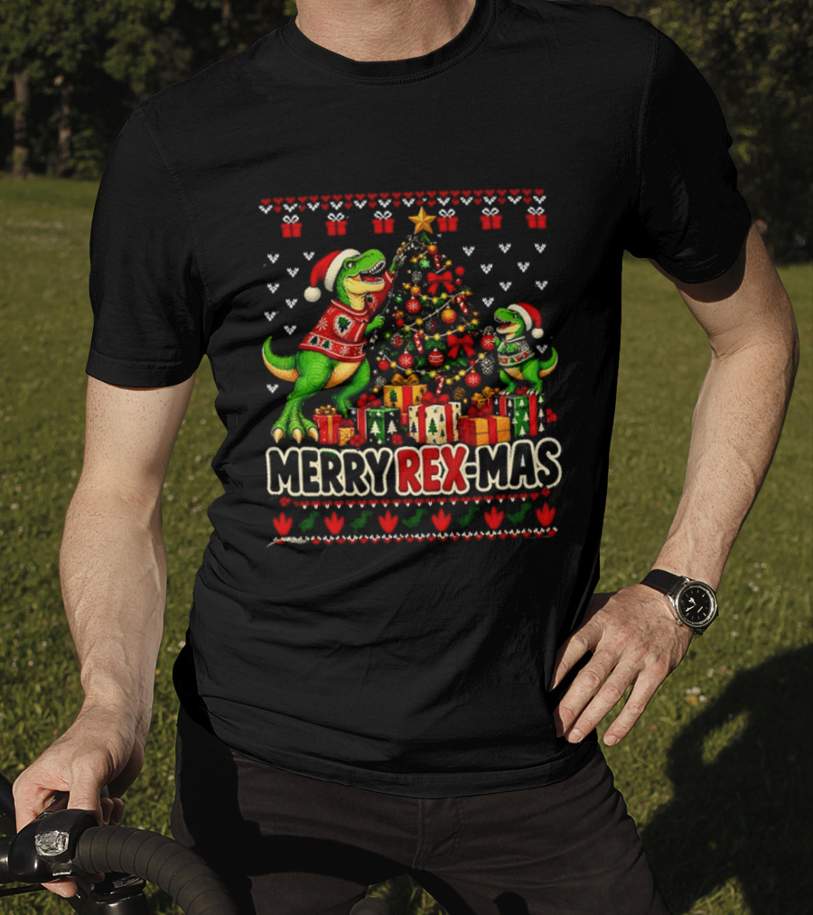 Merry Rex Mas Rex Dinosaur Christmas Tree Santa Hats T-Shirt